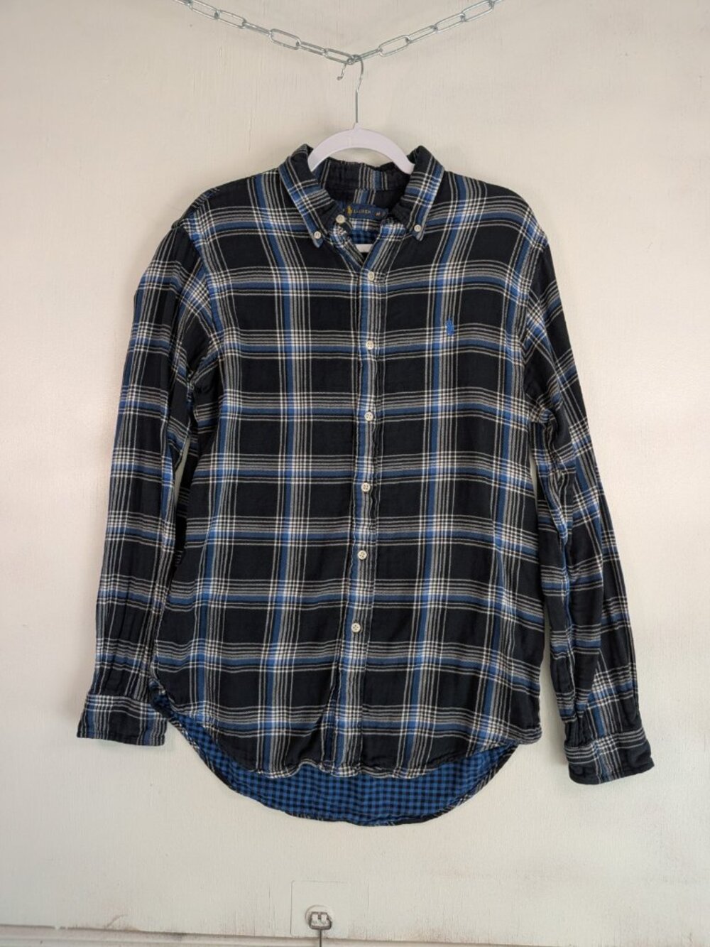 Polo Ralph Lauren Classic Fit Flannel Shirt Sz M Black Blue Plaid Contrast